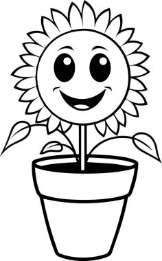 Beyaz tencerede izole edilmiş sevimli karikatür çiçeği. Boyama kitabı, çocuklar ve boyama kitabı için vektör çizimi
