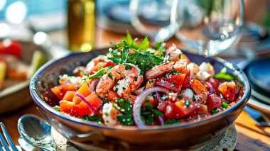 Kırsalda karides salatası, domatesli canlı karides salatası.