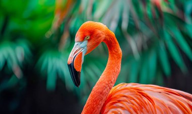 Uzun kıvrımlı boyunlu canlı pembe bir flamingo ve siyah-ti