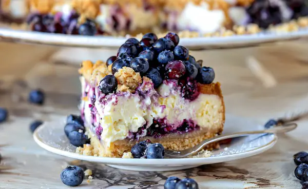 Taze yaban mersinli bir dilim yabanmersinli cheesecake.