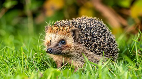 Yeşil çimlerde bir kirpi, güneş ışığı.