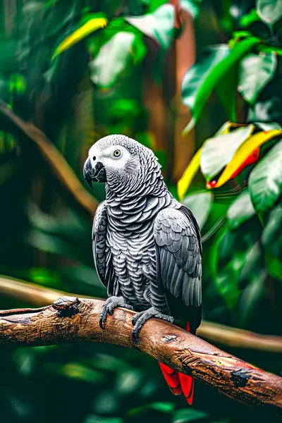 Dala tünemiş gri bir papağan..