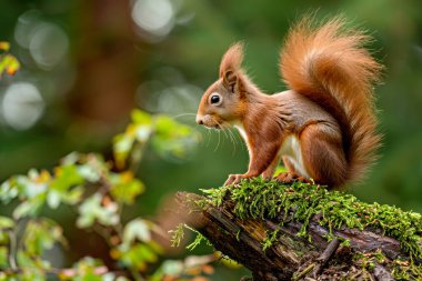 Kızıl bir sincap ormandaki yosunlu bir kütüğe tünemiş.