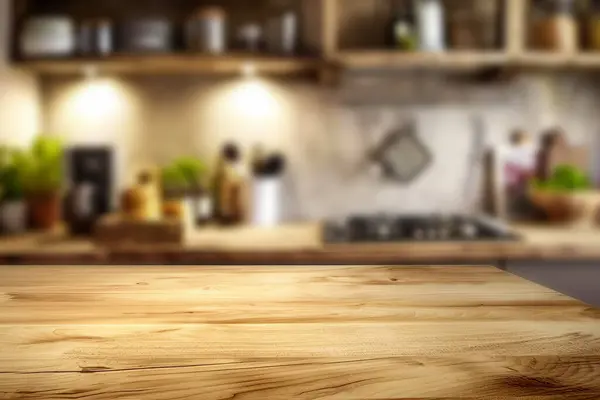 Bulanık bir mutfakta boş ahşap masa.