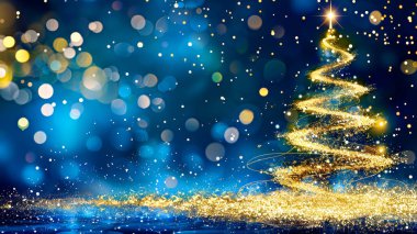 Mavinin üzerinde parıldayan altın Noel ağacı.