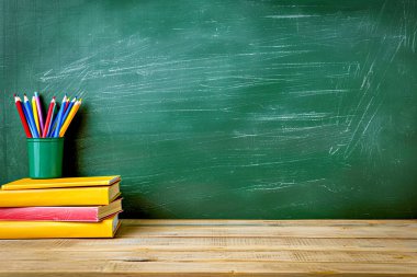 Bir fincanda renkli kalemler ve chal 'ın önündeki masanın üzerindeki kitaplar.