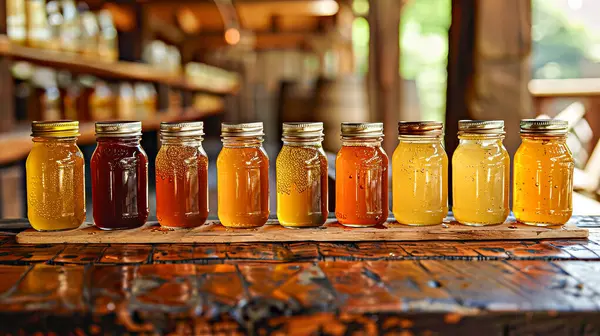 Tahta bir masada on kavanoz bal..