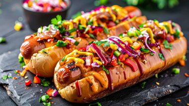 Siyah bir yüzeyde sosisli sandviç.