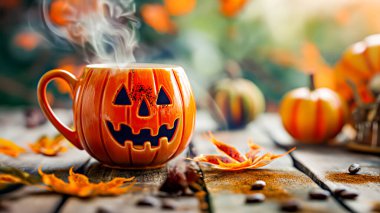 Fenerli viski bardağı ve güz masasında dumanı tüten içki..