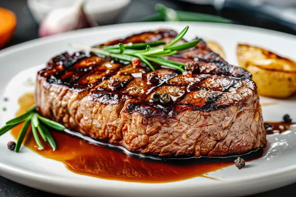 Beyaz tabakta ızgara izleri olan sulu biftek.