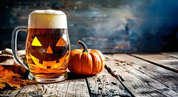 Bir kupa bira, kriko-fener suratlı, tahta masadaki balkabağı.