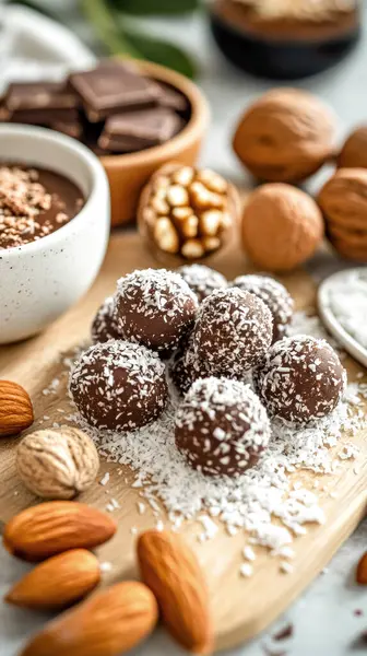 Badem ve cevizli çikolata ve hindistan cevizi protein topları..