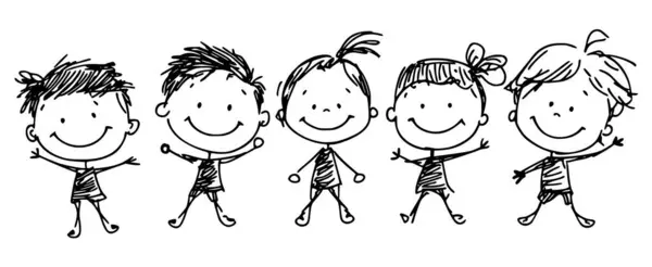 Beş gülümseyen çubuk figürünün temsilcisi. Her biri farklı saç stilleriyle el ele tutuşmuş, neşe ve oyunculuğu ifade eden çocuklar..