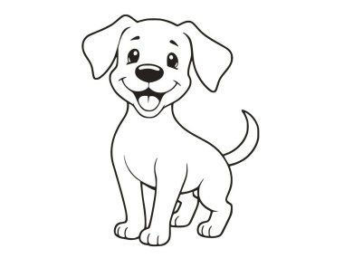 Neşeli, çizgi film stili bir köpek yavrusu. Kocaman gülüyor ve kuyruğunu siyah beyaz sallıyor..