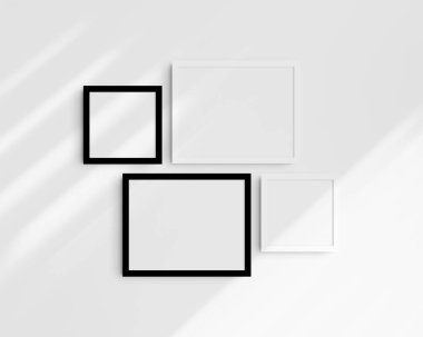 Galeri duvarı modelleme seti, 4 siyah beyaz çerçeve. Temiz, modern ve minimalist çerçeve modeli. İki yatay çerçeve ve iki kare çerçeve, 14x11 (14: 11), 8x8 (1: 1) inç, gölgeli beyaz bir duvar üzerinde.