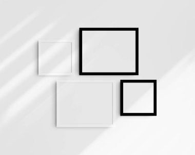 Galeri duvarı modelleme seti, 4 siyah beyaz çerçeve. Temiz, modern ve minimalist çerçeve modeli. İki yatay çerçeve ve iki kare çerçeve, 14x11 (14: 11), 8x8 (1: 1) inç, gölgeli beyaz bir duvar üzerinde.