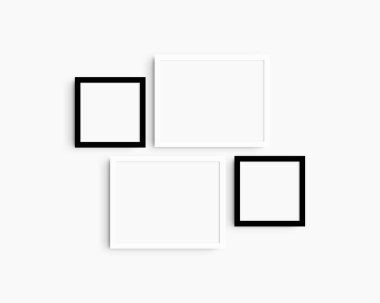 Galeri duvarı modelleme seti, 4 siyah beyaz çerçeve. Temiz, modern ve minimalist çerçeve modeli. İki yatay çerçeve ve iki kare çerçeve, 14x11 (14: 11), 8x8 (1: 1) inç, beyaz bir duvar üzerinde.