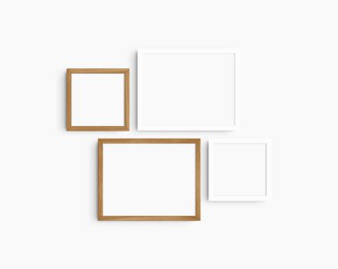 Galeri duvarı modelleme seti, 4 kiraz ağacı ve beyaz çerçeve. Temiz, modern ve minimalist çerçeve modeli. İki yatay çerçeve ve iki kare çerçeve, 14x11 (14: 11), 8x8 (1: 1) inç, beyaz bir duvar üzerinde.