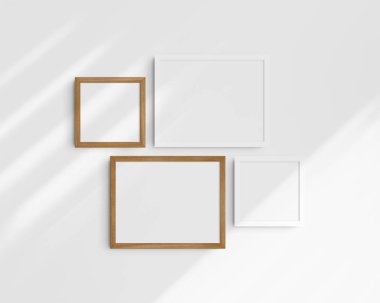 Galeri duvarı modelleme seti, 4 kiraz ağacı ve beyaz çerçeve. Temiz, modern ve minimalist çerçeve modeli. İki yatay çerçeve ve iki kare çerçeve, 14x11 (14: 11), 8x8 (1: 1) inç, gölgeli beyaz bir duvar üzerinde.