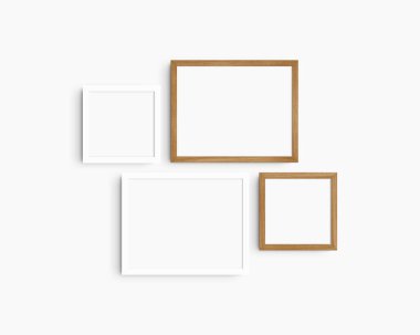 Galeri duvarı modelleme seti, 4 kiraz ağacı ve beyaz çerçeve. Temiz, modern ve minimalist çerçeve modeli. İki yatay çerçeve ve iki kare çerçeve, 14x11 (14: 11), 8x8 (1: 1) inç, beyaz bir duvar üzerinde.