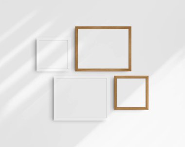 Galeri duvarı modelleme seti, 4 kiraz ağacı ve beyaz çerçeve. Temiz, modern ve minimalist çerçeve modeli. İki yatay çerçeve ve iki kare çerçeve, 14x11 (14: 11), 8x8 (1: 1) inç, gölgeli beyaz bir duvar üzerinde.