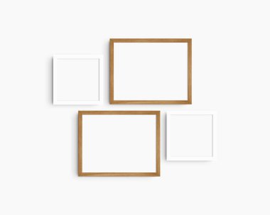 Galeri duvarı modelleme seti, 4 kiraz ağacı ve beyaz çerçeve. Temiz, modern ve minimalist çerçeve modeli. İki yatay çerçeve ve iki kare çerçeve, 14x11 (14: 11), 8x8 (1: 1) inç, beyaz bir duvar üzerinde.