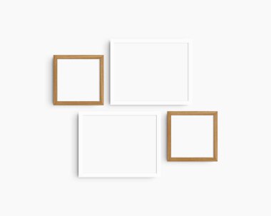 Galeri duvarı modelleme seti, 4 kiraz ağacı ve beyaz çerçeve. Temiz, modern ve minimalist çerçeve modeli. İki yatay çerçeve ve iki kare çerçeve, 14x11 (14: 11), 8x8 (1: 1) inç, beyaz bir duvar üzerinde.