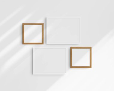 Galeri duvarı modelleme seti, 4 kiraz ağacı ve beyaz çerçeve. Temiz, modern ve minimalist çerçeve modeli. İki yatay çerçeve ve iki kare çerçeve, 14x11 (14: 11), 8x8 (1: 1) inç, gölgeli beyaz bir duvar üzerinde.