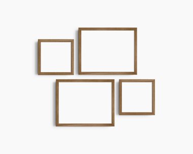 Galeri duvarı modelleme seti, 4 kahverengi ceviz ağacı çerçevesi. Temiz, modern ve minimalist çerçeve modeli. İki yatay çerçeve ve iki kare çerçeve, 14x11 (14: 11), 8x8 (1: 1) inç, beyaz bir duvar üzerinde.