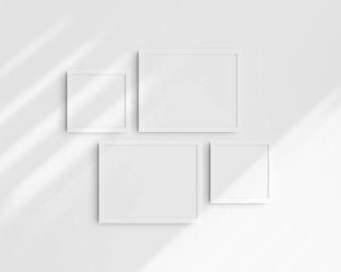 Galeri duvarı modelleme seti, 4 beyaz çerçeve. Temiz, modern ve minimalist çerçeve modeli. İki yatay çerçeve ve iki kare çerçeve, 14x11 (14: 11), 8x8 (1: 1) inç, gölgeli beyaz bir duvar üzerinde.