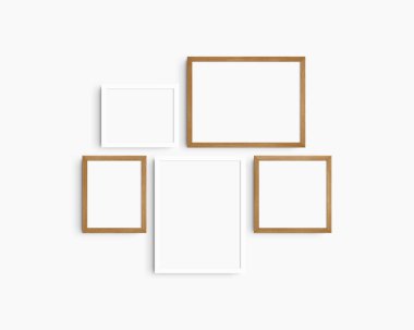 Gallery wall mockup set, 5 white and cherry wood frames. Clean, modern, minimalist frame mockup. Two horizontal frames, two vertical frames, and a square frame, 12x16 (3:4), 16x12 (4:3), 8x10 (4:5), 10x8 (5:4), 10x10 (1:1) inches, on a white wall. clipart
