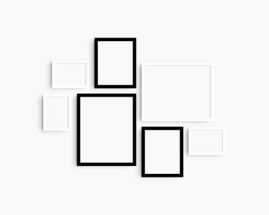 Galeri duvarı modelleme seti, 7 tane siyah beyaz çerçeve. Temiz, modern ve minimalist çerçeve modeli. Beyaz bir duvar üzerinde üç yatay çerçeve, 5x7 (5: 7), 7x5 (7: 5), 8x10 (4: 5), 12x15 (4: 5), 15x12 (5: 4) inç.