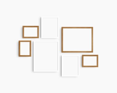 Galeri duvarı modelleme seti, 7 beyaz ve vişneli ahşap çerçeve. Temiz, modern ve minimalist çerçeve modeli. Beyaz bir duvar üzerinde üç yatay çerçeve, 5x7 (5: 7), 7x5 (7: 5), 8x10 (4: 5), 12x15 (4: 5), 15x12 (5: 4) inç.