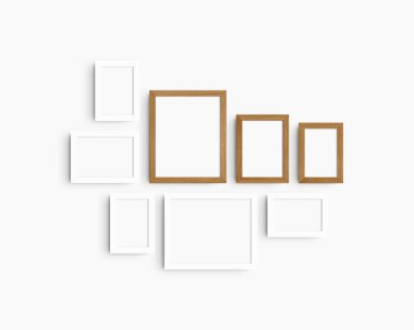Galeri duvarı modelleme seti, 8 beyaz ve vişneli ahşap çerçeve. Temiz, modern ve minimalist çerçeve modeli. Beş dikey çerçeve ve üç yatay çerçeve, 4x6 (2: 3), 6x4 (3: 2), 5x7 (5: 7), 7x5 (7: 5), 8x10 (4: 5), 10x8 (5: 4) inç, beyaz bir duvar üzerinde.