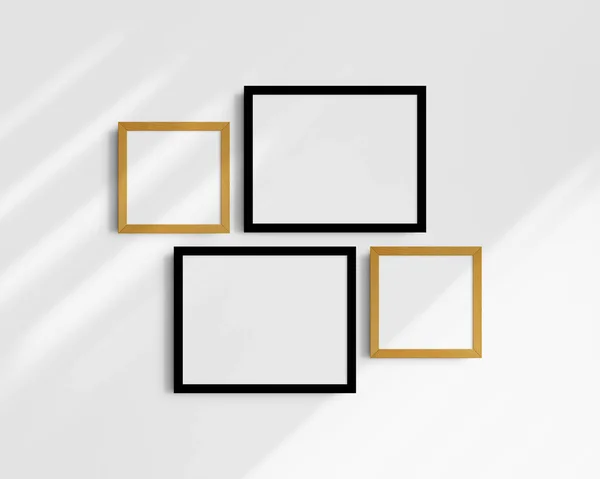 画廊墙壁造型套装 4个黑色和黄色橡木框架 简约的框架模型 两个水平框架和两个正方形框架 14X11 8X8 在有阴影的白墙上 — 图库照片