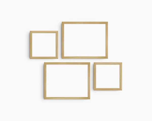 ギャラリーウォールモックアップセット 4つの木製オーク材木フレーム クリーンでモダンでミニマリストなフレームのモックアップ 2つの水平フレームと2つの正方形フレーム 14X11 8X8 インチ 白い壁に — ストック写真