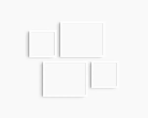 Gallery wall mockup set, 4 white frames. Clean, modern, and minimalist frame mockup. Two horizontal frames and two square frames, 14x11 (14:11), 8x8 (1:1) inches, on a white wall.