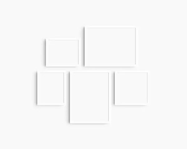 Gallery wall mockup set, 5 white frames. Clean, modern, and minimalist frame mockup. Two horizontal frames, two vertical frames, and a square frame, 12x16 (3:4), 16x12 (4:3), 8x10 (4:5), 10x8 (5:4), 10x10 (1:1) inches, on a white wall.