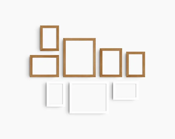 Gallery wall mockup set, 8 white and cherry wood frames. Clean, modern, and minimalist frame mockup. Five vertical frames, and three horizontal frames, 4x6 (2:3), 6x4 (3:2), 5x7 (5:7), 7x5 (7:5), 8x10 (4:5), 10x8 (5:4) inches, on a white wall.