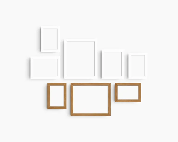 Gallery wall mockup set, 8 white and cherry wood frames. Clean, modern, and minimalist frame mockup. Five vertical frames, and three horizontal frames, 4x6 (2:3), 6x4 (3:2), 5x7 (5:7), 7x5 (7:5), 8x10 (4:5), 10x8 (5:4) inches, on a white wall.