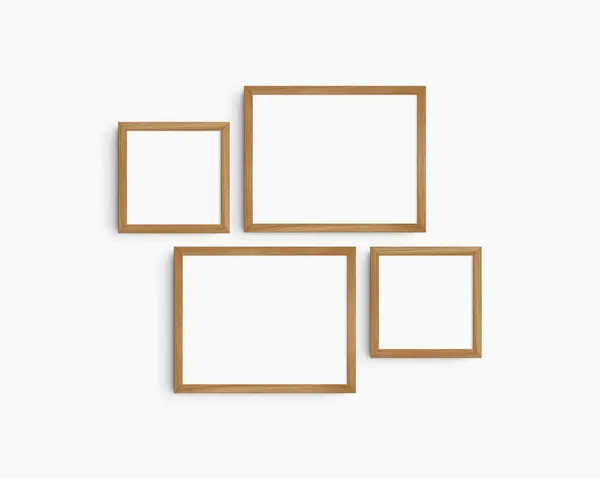 画廊壁面造型 4个樱桃木框架 简约的框架模型 白色墙壁上的两个水平框架和两个正方形框架 14X11 8X8 — 图库照片#