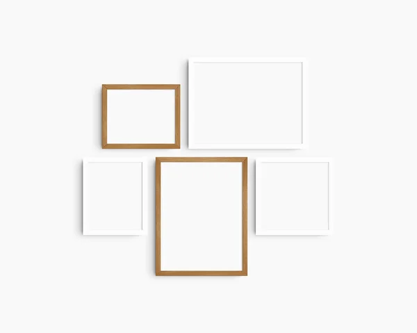 画廊壁面造型 5个白色和樱桃木框架 简约的框架模型 白墙上的两个水平框架 两个垂直框架和一个正方形框架 12X16 16X12 8X10 10X8 10X10 — 图库照片#