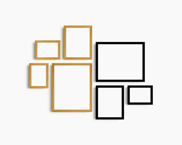 画廊墙壁模拟设置 7个黑色和黄色橡木框架 简约的框架模型 白墙上有3个水平框架和4个垂直框架 5X7 7X5 8X10 12X15 15X12 图库图片