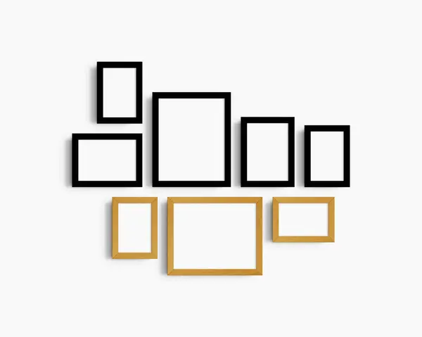 画廊壁面造型 8个黑色和黄色橡木框 简约的框架模型 白墙上的5个垂直框架和3个水平框架 4X6 6X4 5X7 7X5 8X10 10X8 图库照片