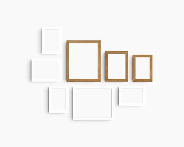 画廊壁面造型套件 8个白色和樱桃木框架 简约的框架模型 白墙上的5个垂直框架和3个水平框架 4X6 6X4 5X7 7X5 8X10 10X8 — 图库照片#