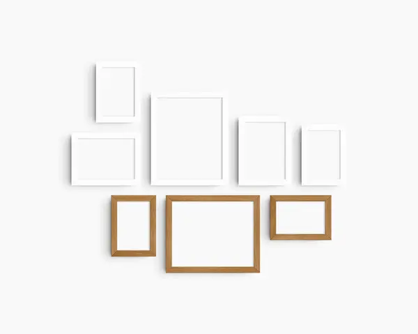 画廊壁面造型套件 8个白色和樱桃木框架 简约的框架模型 白墙上的5个垂直框架和3个水平框架 4X6 6X4 5X7 7X5 8X10 10X8 — 图库照片#