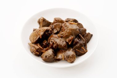 Zencefilli, tatlı ve baharatlı soya soslu tavuk ciğeri.