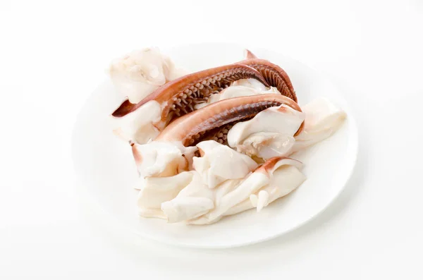 Boiled Squid Legs White Plate White Background — Stock Photo, Image