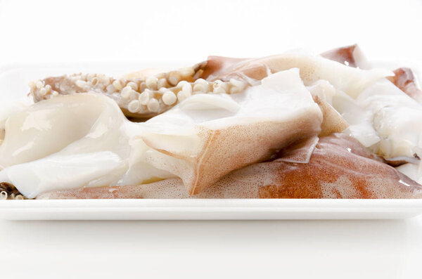 Свежие сырые ноги кальмара в лотке для пены