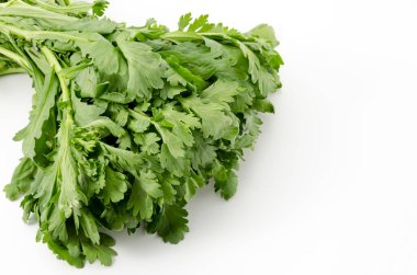 Shungiku, beyaz arka planda taze çelenk kasımpatısı. 